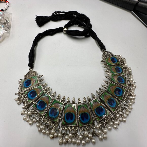 3/$30 Peacock Statement Necklace Silver Adjustable Fabric Cord Beaded Jewelry - Picture 5 of 11